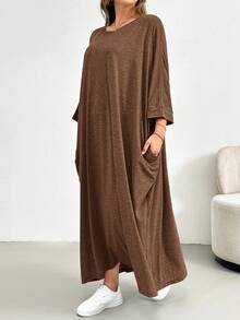 Shapeblank Đầm dài tay ba phần tư màu xám, kiểu dáng đơn giản, váy cỡ lớn, váy đi nhà thờ cho nữ, trang phục đi chơi, thời trang xuân hè cho nữ cỡ lớn, thoải mái, rộng rãi, dễ mặc hàng ngày - màu nâu - Xem 3