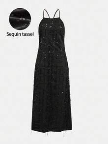 Maija 圣诞派对季吊带流苏亮片女式连衣裙 - 黑色 - 查看 9