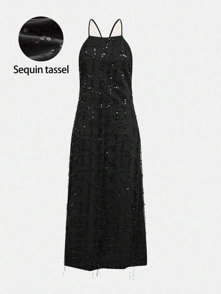 SHEIN Maija Christmas Party Season Halter Tassel Sequin Women's Dress, Autumn Dress, Halloween Costumes , Nightmare Before Christmas, New Year Dress,New Year Look, Party Dresses, Long Party Dresses, Party Outfit,Wedding Guest Dress, Fall Wedding Guest Dress, Graduation Dress, Prom Dresses For Women , Luxury Evening Dresses For Weddings, Glitter Black Dress,Backless, Loose-Fitting, Affordable Luxury Party