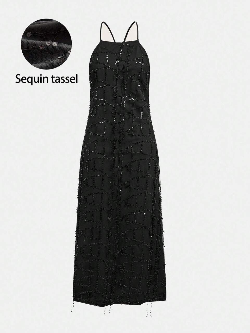 SHEIN Maija Vestido de mujer con lentejuelas, cuello halter y flecos para la temporada de fiestas navideñas