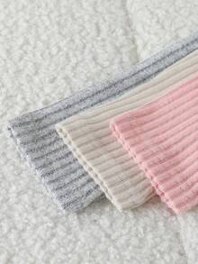 3 件套年轻女孩圆领长袖 T 恤，粉色碎花、灰色、杏色，纹理针织，罗纹，简约设计，撞色纽扣，弧形下摆，适合春、秋、冬 - 彩色 - 查看 3