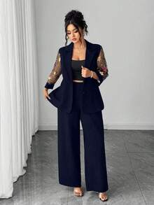 Elenzga Bộ vest thêu may đo cỡ lớn, cài một hàng khuy, tay áo 3/4, thắt eo, quần đồng bộ, bộ vest sang trọng khi đi làm - Màu xanh hải quân - Xem 7