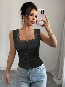 Selianne 女士优雅时尚休闲舒适迷人度假音乐节假日无袖吊带开衫，腰部收紧，背部镂空，花卉刺绣，纯色衬衫（随机花卉） - 黑色 - 查看 1