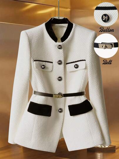 GlowEve Women's Autumn/Winter Long Herringbone Faux Leather Belt, Metal Butterfly Buckle, Long Sleeve Jacket