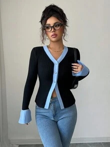 SHEIN Elenzya 女式拼色 V 领喇叭袖修身针织上衣，适合日常通勤、毕业派对、节日活动、度假、约会、秋冬 - 黑色 - 查看 6