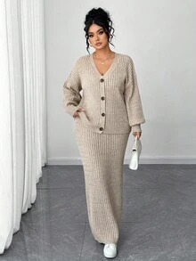 Elenzga Plus Size Solid Color Cardigan And Skirt 2 Pieces Set - Khaki - View 4