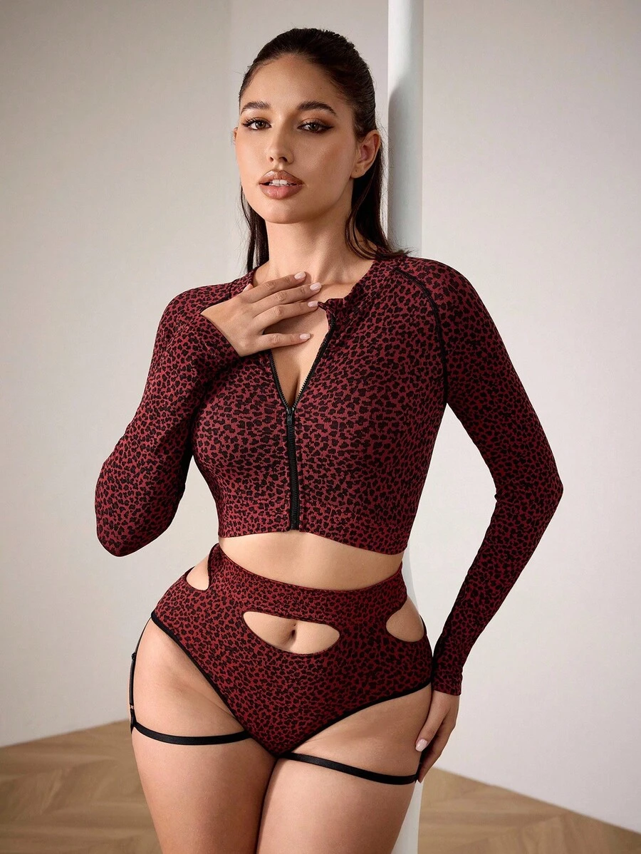 Menodora SHEIN Sport Seamless Workout Tight Fit Backless Sexy Fashionable Leopard Print Jacket