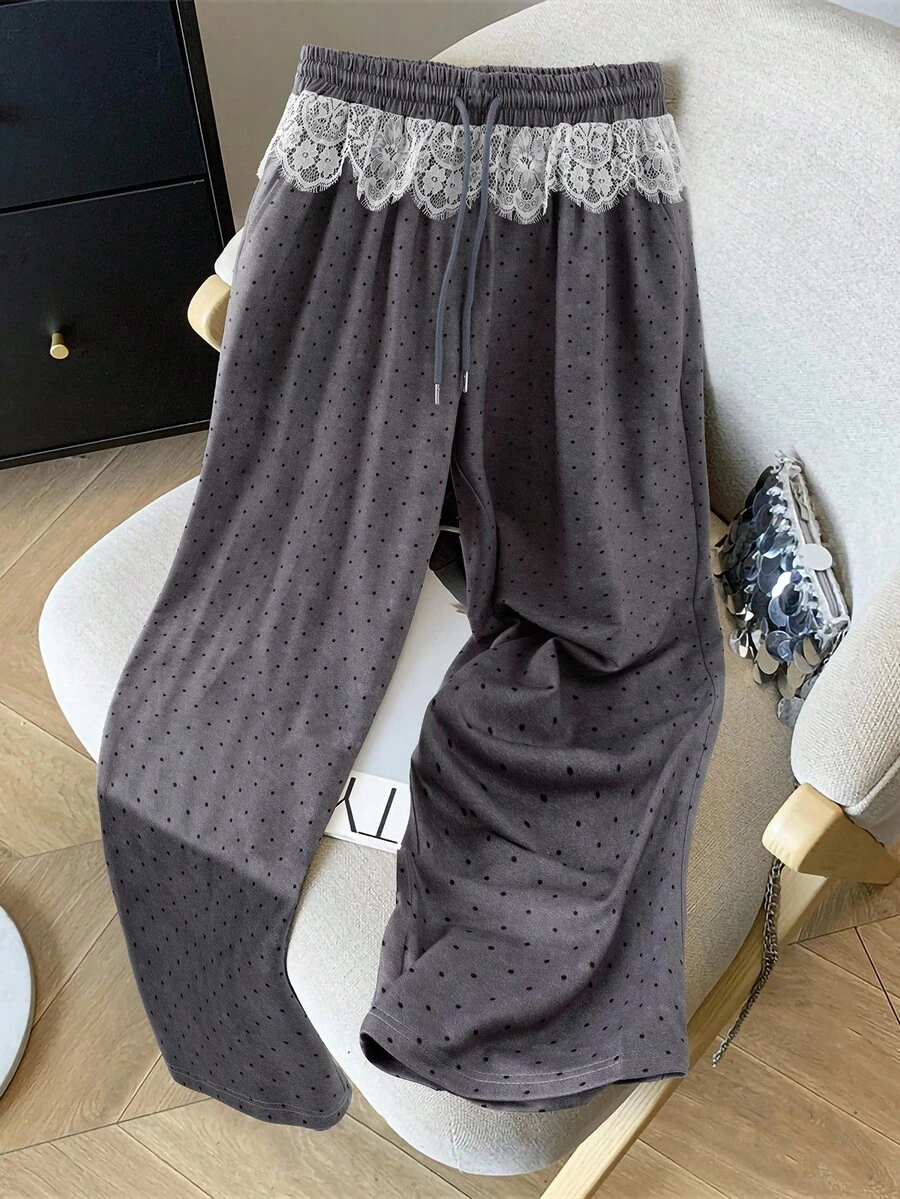 SHEIN Clasi 大码女式蕾丝拼布波尔卡圆点休闲裤 - 灰色 - 查看 1