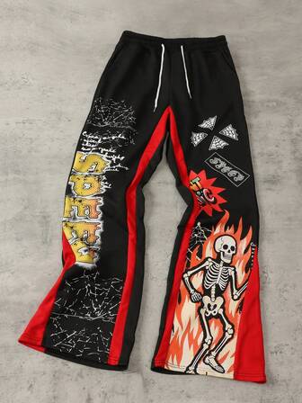 Street Life Pantalones de chándal con estampado de esqueleto, cintura con cordón y pierna acampanada para hombre