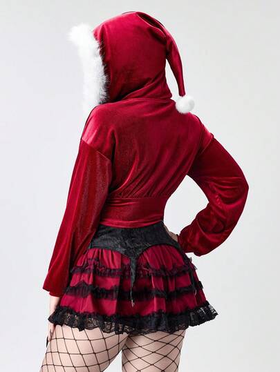 J-Fashion sweat-shirt à capuche court de style Y2K pour Noël pour femmes, patchwork blanc moelleux