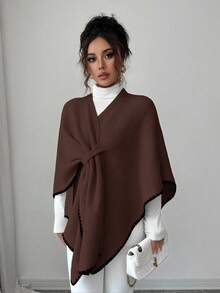 Elenzga 女士新款秋冬单件时尚披肩领开衩斗篷轻薄奢华休闲日常开衫毛衣 - 咖啡棕 - 查看 4