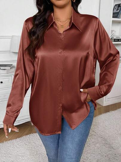 SHEIN Frenchy Casual French Satin Beige Plus Size Cardigan Shirt, Suitable For Office, Commuting, And Everyday Wear