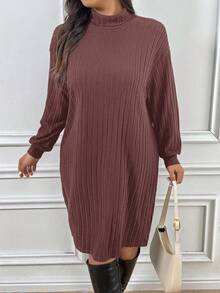 SHEIN Frenchy Plus Size Women Solid Color High Neck Drop Shoulder Long Sleeve Ribbed Casual T-Shirt Dress/Fall/Winter Long Sleeve Dresses Solid Color Dress - Rust Brown - View 6