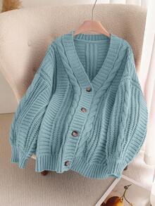SHEIN Frenchy Plus Size Solid Color Loose Fit Long Sleeve Front Button Cardigans - Blue - View 1