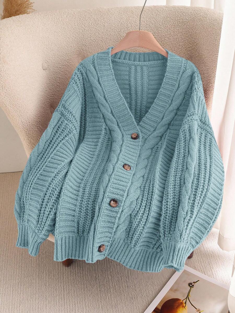 SHEIN Frenchy Plus Size Solid Color Loose Fit Long Sleeve Front Button Cardigans - Blue - View 1
