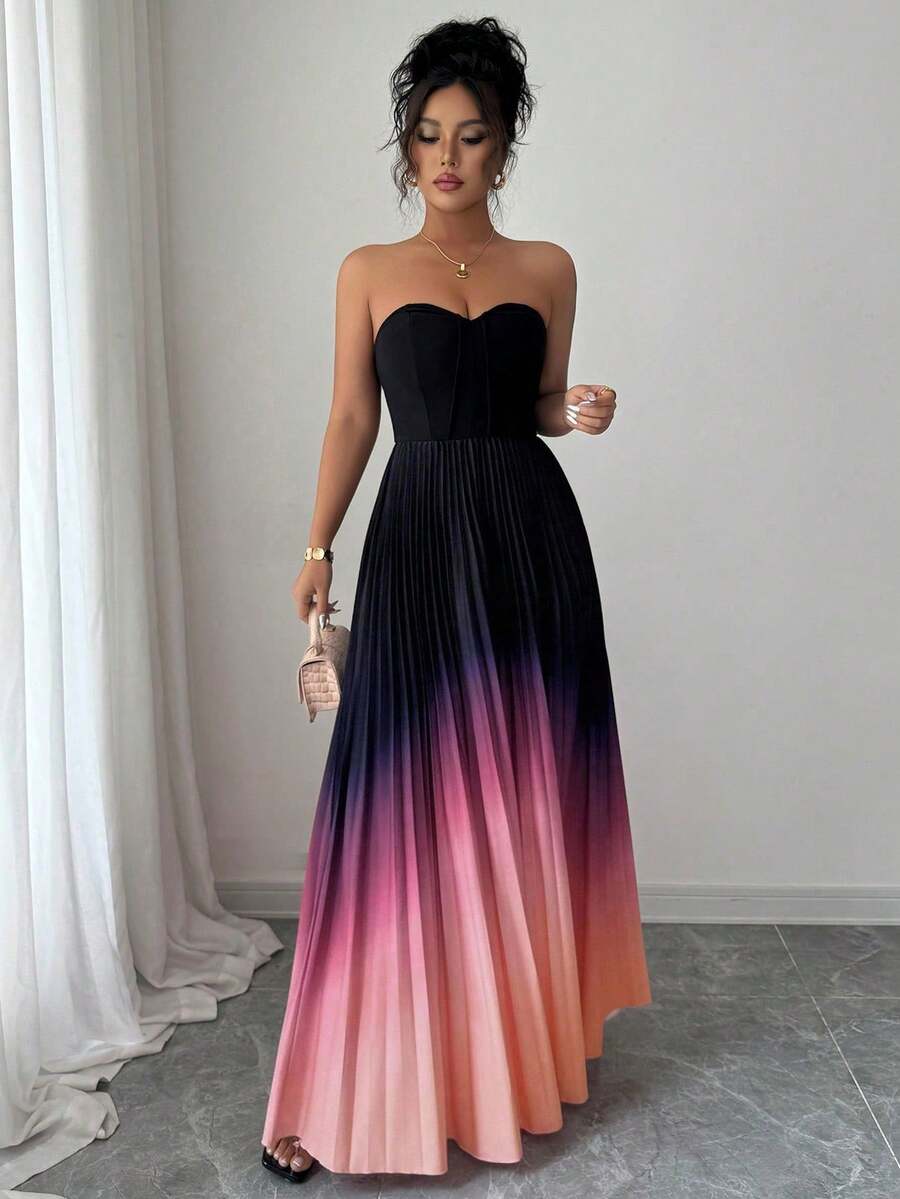 Elenzga Gradient Color Elegant Romantic Ruched Waist A-Line Hem Strapless Dress For Women