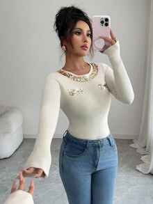 Elenzga Áo len dệt kim cổ tròn thêu kim sa thanh lịch dành cho nữ, đa năng để mặc nhiều lớp hoặc mặc riêng, thích hợp cho Giáng sinh, tiệc tùng ngày lễ - Màu be - Xem 6