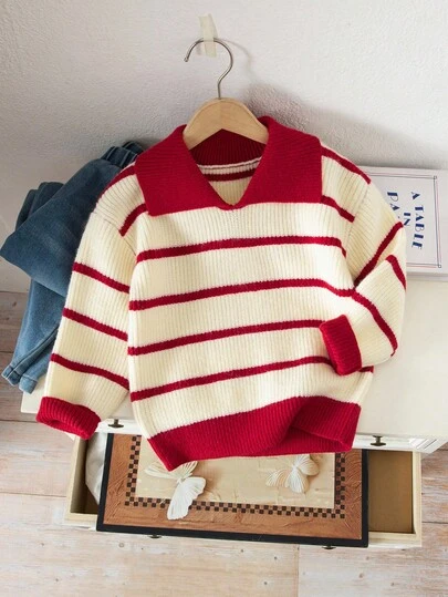 SHEIN Boys' Striped Contrast Collar Knit Sweater, Casual Collegiate Style, Comfortable, Fashionable, Versatile, Soft, Loose Striped Polo Shirt Suitable For Birthday Party, Gathering, Performance, Children's Clothing, Young Boys, School, Back To School, Daily Wear, Travel, Sports, Autumn/Winter Preppy Clothes For Kids