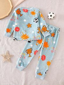 SHEIN Playful Pals 2 件套幼儿男童世界杯足球图案休闲毛绒长袖上衣和裤子家居服套装，冬季 - 藍色 - 查看 2