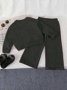 SHEIN Playful Pals 少女时尚甜美蝴蝶结针织毛衣搭配休闲直筒裤，适合居家、外出、聚会、返校 - 黑色 - 查看 2