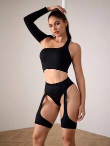Menodora SHEIN Sport Women's Solid Color Fashion Cut Black Sports Suit - Black - View 3