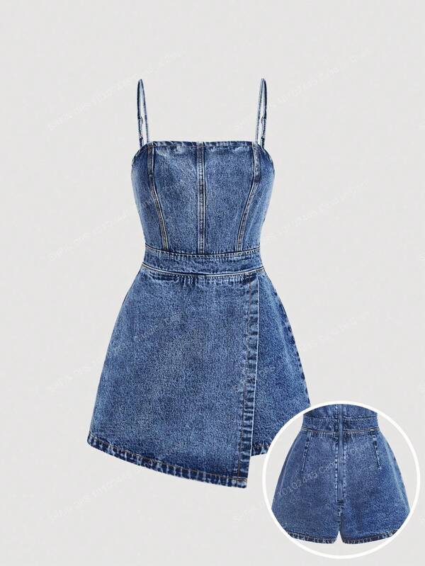 SHEIN MOD Plus Size Denim Jumpsuit, Casual Bib Slim Fit Mini Blue,Back To School