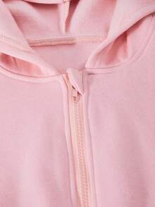 SHEIN 2pcs/Set Girls' Floral Gray Waist Drawstring Fleece Sweatshirt & Loose Fit Pants Casual Sports Outfit, Autumn/Winter - Pink - View 8