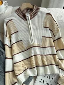 Teen Girl Colorblock Turtleneck Sweater, Casual Loose Fit Knitted Pullover Top, Autumn/Winter 2025 European And American Style - Apricot - View 3