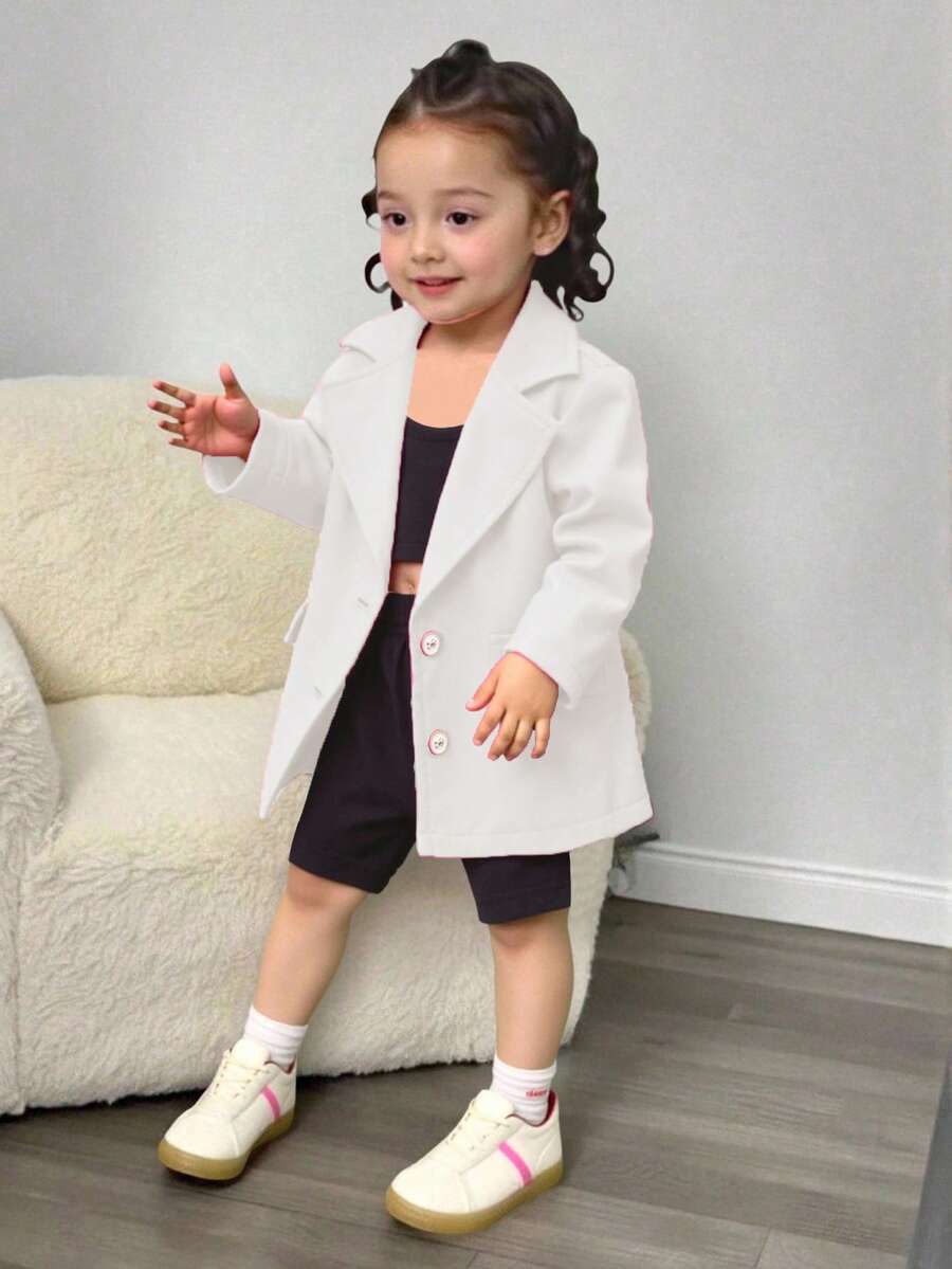 SHEIN 女宝宝三件套:玫瑰粉色长袖翻领休闲西装外套、黑色马甲和黑色修身短裤,优雅时尚,适合日常穿着、拍照和旅行,春秋季款。 - 白色 - 查看 1