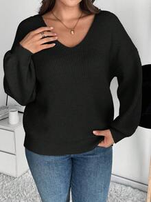 SHEIN Frenchy Plus Size Women V-Neck Bowknot Backless Pullover Sweater, Elegant French Style/Winter - Black - View 3