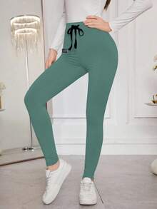 Modelyn 字母贴片抽绳腰部紧身打底裤，舒适有弹性 - 霧霾藍 - 查看 5