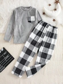 Genkimix Kids 男童拼色格子口袋长袖睡衣套装，秋冬