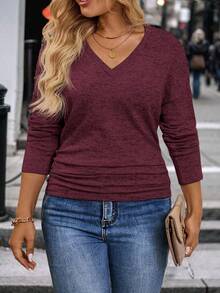 EMERY ROSE Damen Große Größen Lässig V-Ausschnitt Langarm Geraffter Saum T-Shirt, Herbst/Winter