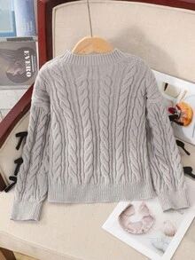 SHEIN 少女針織對比色蝴蝶結裝飾套頭冬季毛衣，灰色，秋季，學院風，假日，學校，返校，休閒，適合少女與女孩服飾 - 淺灰色 - 查看 2