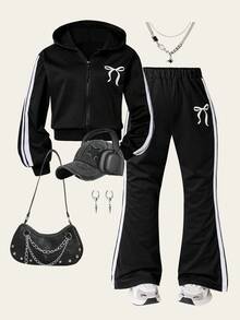 SHEIN Explorewe 2pcs/Set Tween Girls Fashionable Black Jacket Matched With Black Pants, Soft & Comfortable Fabric, Suitable For Outings, Sports, Photography, Back To School 2025 Season, Essential Outfit For Tween Girls - Black - View 4