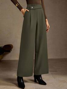 MOTF PREMIUM 褶皱纽扣裤 - 軍綠色 - 查看 8