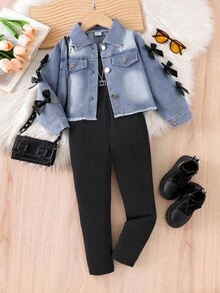 2件套女童牛仔破洞长袖蝴蝶结外套，黑色针织连体裤套装，时尚儿童秋季套装 - 藍色 - 查看 6