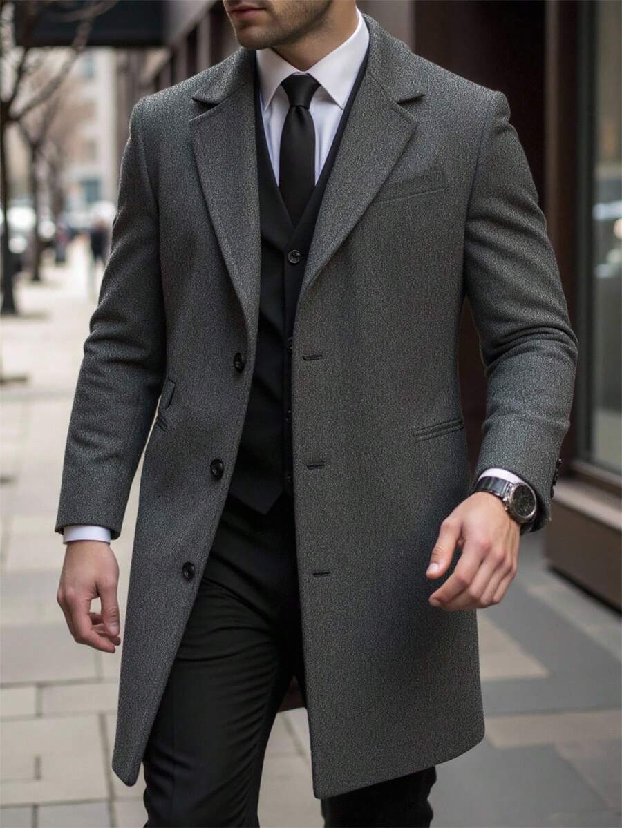 Calvornis Men's Front Button Long Sleeve Pocket Casual Going Out Business Overcoat, For Friends, Husband, Boyfriend Gifts, Men Black Trench Coat, Men Double Breasted Coat, Men Belted Coat Men Coat Casual Men Trench Coat Men Coat Suit Overcoat Men Grey Overcoat, Fall/Winter - Dark Grey - View 1