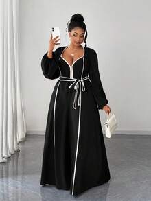 Maweii Plus Size Women Casual Waist Cinched Long Sleeve Jumpsuits - Black - View 1