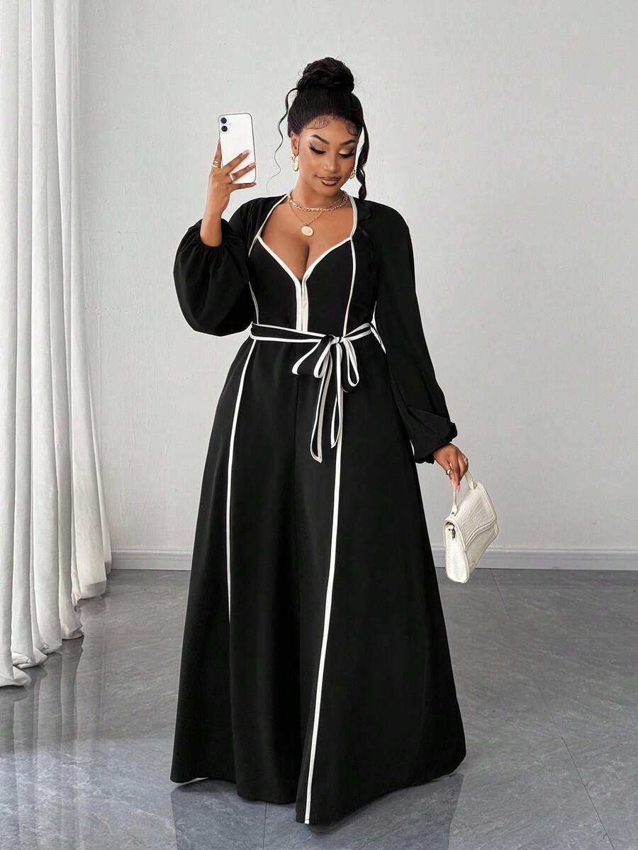 Maweii Plus Size Women Casual Waist Cinched Long Sleeve Jumpsuits - Black - View 1