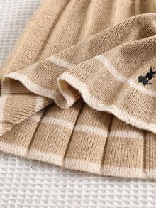 Souflis Souflis 女童卡其色格子针织套装，可爱刺绣兔子毛衣+针织迷你裙两件套，女童长袖V领套头衫，秋冬休闲优雅风格