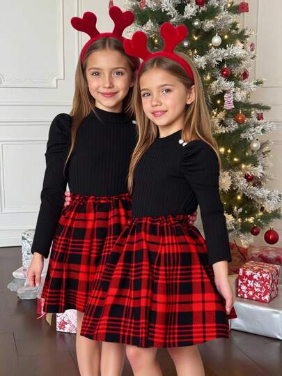 Young Girl Plaid Patchwork Gigot Sleeve Mock Neck Dress,School Style Dress With Bowknot Detail, Long Sleeve,Christmas Dress, Suitable For Autumn And Winter, Red For Christmas, Party Wear, Daily Wear School, Birthday Dress, Princess Dress