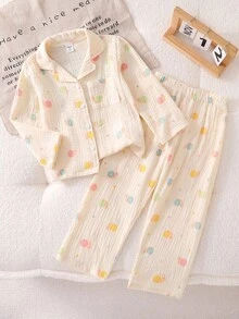 2pcs Girls Snail Element Cotton Gauze Long Sleeve Top And Pants Casual Comfortable Pajama Set Fall Winter - Multicolor - View 8