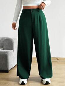 POPSWAY Plus Size Women's Solid Color Pleated Loose Wide Leg Pants - Dark Green - View 4