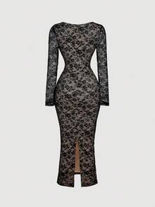 SHEIN MOD 女式纯色蕾丝修身优雅长袖美人鱼连衣裙