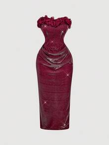 SHEIN MOD Women's Burgundy Glitter Ruffle Collar Midi Dress,Elegant Summer Dining Outfit,Luxury Sparkly Evening Wedding Guest Dress,Glamorous Party Clothing - Hot Pink - View 2