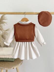 SHEIN 1 Set Girls Sweet Style Beige Shirt Dress + Brown Heart Vest, 2pcs Long Sleeve Dress Suit, Autumn/Winter - Brown - View 2