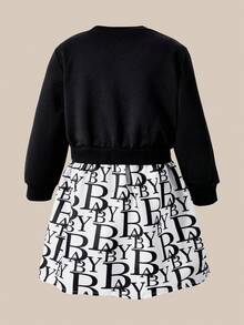 SHEIN Explorewe Young Girls' Sweet Cartoon Print Black Long Sleeve Patchwork Hoodie Dress With Bag,Children's Autumn School Outdoor Play & Holiday Mid-Length Dress - Black and White - View 5