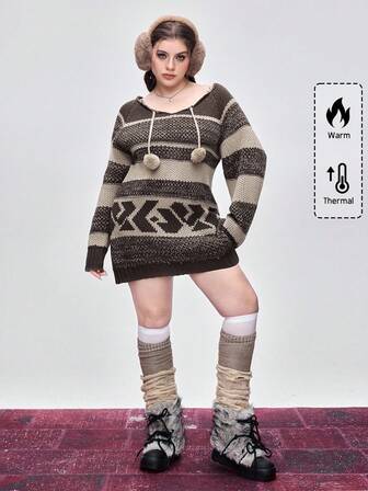 Kawaii Pullover in Große Größen mit avantgardistisch-retrochic abstraktem geometrischem Fair-Isle-Strickmuster, Weihnachten, Y2K-Vintage-Muster in Braun, Pullover-Mantel für Damen in Große Größen für Herbst/Winter, Pullover in Große Größen mit flauschiger Bommel-Applikation im Fair-Isle-Strick, Pullover in Große Größen mit Vintage Y2K Fair-Isle-Strickmuster und Langarm