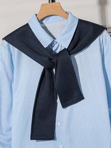 青少年（男孩）休闲通勤学院风条纹长袖披肩领衬衫搭配拉绒裤套装，春秋冬 - 藍色 - 查看 6